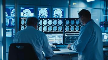 Doctor professional watching brain scans results in computer monitors at control room. photo
