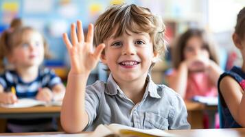 Kid learn with friend in classroom. photo