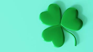 Minimalistic St. Patrick's Day-themed design featuring spinning shamrock on green background. Empty space, perfect for text. Joyful Irish holiday atmosphere. 3D animation. video