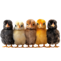 Five baby chickens standing in a row png