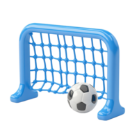 A soccer ball and net sitting on a blue plastic toy png
