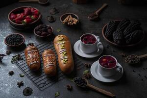 Guaguas de Pan with cups of Colada Morada, traditional Ecuadorian food for the day of the dead, surrounded by the ingredients to cook the colada photo