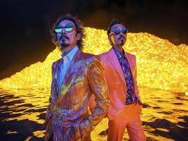 Two Asian businessmen, wearing extravagant suits, standing in a pool of water at night. Retro fashionable background. photo