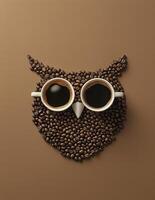 Coffee beans arranged in a shape of an owl with coffee mugs instead of eyes. No sleep conceptual background photo