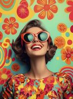 Young, smiling, woman from 60s with sunglasses against vibrant floral pattern wallpaper. Nostalgic springtime background. photo