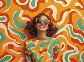 Young, smiling, 70's woman in colorful retro dress against abstract shapes wallpaper. Nostalgia orange background. photo