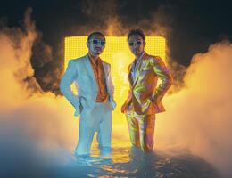Two Asian businessmen, wearing extravagant suits, standing in a pool of water and smoke rising behind. Retro corporate background. photo