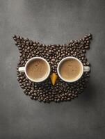 Coffee beans arranged in a shape of an owl with coffee mugs instead of eyes. No sleep conceptual background photo