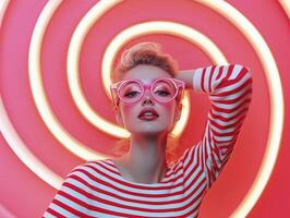 Blond girl wearing colorful sunglasses and sweatshirt surrounded by glowing neon spiral tubes. Retro fashionable background photo