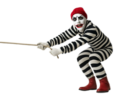mime performing classic pulling a rope routine with exaggerated expressions and striped costume on isolated background png