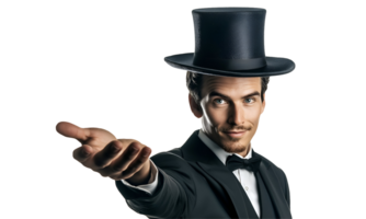 magician performing with top hat extending hand forward on isolated background png