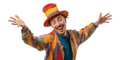 comedian dressed in a quirky costume playing the fool with an exaggerated expression on isolated background png