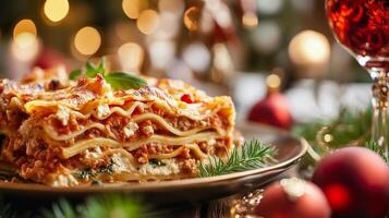 Christmas vegetarian lasagna served on festive table, blurred background. photo