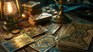 A mystical display of tarot cards illuminated by candlelight on rustic wooden table. photo
