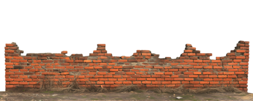 broken and weathered red brick wall with crumbling sections and overgrown grass on isolated background png