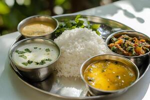 A beautiful display of delicious Indian cuisine featuring rice and assorted curries. photo