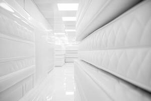 Bright and spacious store showcasing array of a collection of white mattresses arranged neatly. photo