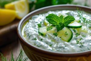 homemade tzatziki with fresh cucumbers and herbs in a rustic bowl. photo