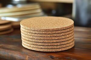 Stack of cork coasters on wooden surface, eco friendly craftsmanship and design. photo