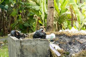a trash can filled with plastic and household waste with trees and a road in the background. there is a dog looking for food in the trash can photo