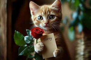 The red-haired kitten holds in its paws a note that says Sorry photo