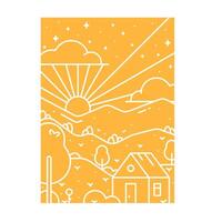 Illustration of a linear landscape of nature for t-shirt printing. Flat illustration of mountains and house in simple minimalistic style. vector