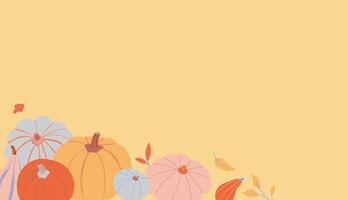 Thanksgiving background with pumpkins in modern flat style. Illustration of squashes and gourds with autumn leaves on yellow background vector