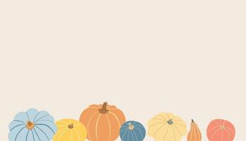 Autumn background with colorful pumpkins illustration. Copy space. Template with gourds for Thanksgiving, harvest festival, Halloween and more vector