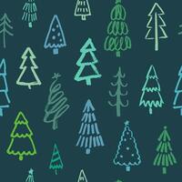 Christmas pattern with hand drawn doodle pines. Marker sketch green Christmas trees on dark background. Winter ornament vector