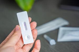 Rapid Antigen Test kit with with negative result during swab COVID-19 testing. Coronavirus Self nasal or Home test, Autumn exacerbation of viruses. High quality photo