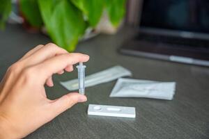 Rapid Antigen Test kit with all needed during swab COVID-19 testing. Coronavirus Self nasal or Home test, Autumn exacerbation of viruses. High quality photo