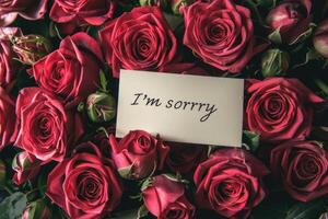 A bunch of vibrant red roses with a card that says Im sorry photo
