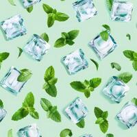 Ice cubes and mint leaves form a seamless pattern on green photo