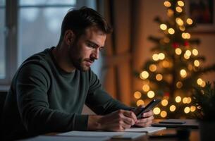 Man writing in a notebook while sitting at a desk with Christmas decorations photo