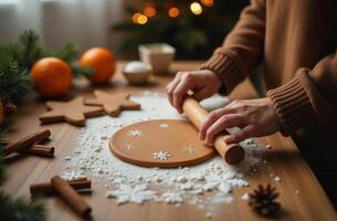 Woman rolling dough with a pin on a floury surface for holiday cookies photo