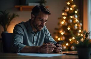 Man writing notes while sitting at a desk near a Christmas tree with lights photo