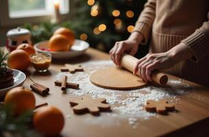 Woman cutting gingerbread cookies from rolled dough on a festive table photo