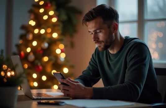 hombre utilizando un tableta mientras sentado por el ventana con un Navidad árbol detrás foto