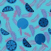 A blue and purple pattern with oranges and leaves vector