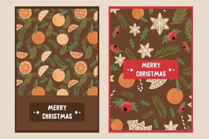 set of christmas and new year greeting card with oranges, fir branches, christmas cookies vector