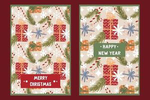 Christmas and new year card set featuring gifts, fir branches, candy canes in a modern minimalist style. Templates suitable for ads, banners, covers, labels, posters, and sales. Vertical orientation. vector