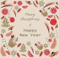 Christmas and new year card with cupcakes, oranges, gingerbread cookies vector