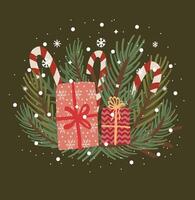 Christmas gift boxes with candy canes and presents on a green background vector