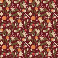 Christmas pattern with candy canes, oranges, and other items vector