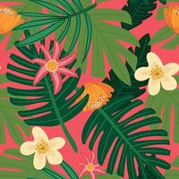 Seamless pattern with hand-drawn tropical plants in bright colors vector