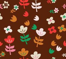 Seamless pattern with funky retro flowers on brown background. vector