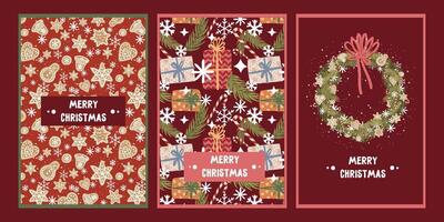 set of christmas and new year greeting card with cookies, gifts, fir branches vector