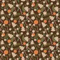 A christmas pattern with candy canes, oranges and other items vector