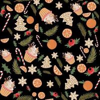 Christmas seamless pattern with oranges, cookies and other items vector
