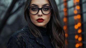 Mysterious woman in black Halloween attire with bold red lipstick and black glasses photo